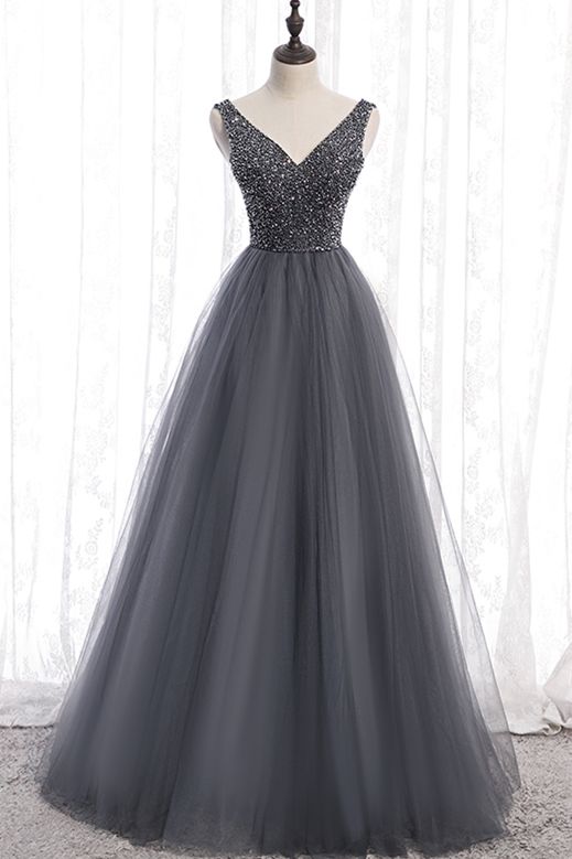 Classic A-line Grey Tulle Long Formal Dress prom dress    cg20234