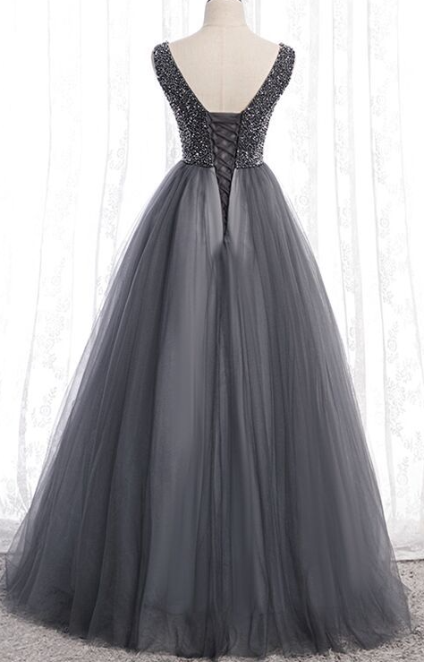 Classic A-line Grey Tulle Long Formal Dress prom dress    cg20234