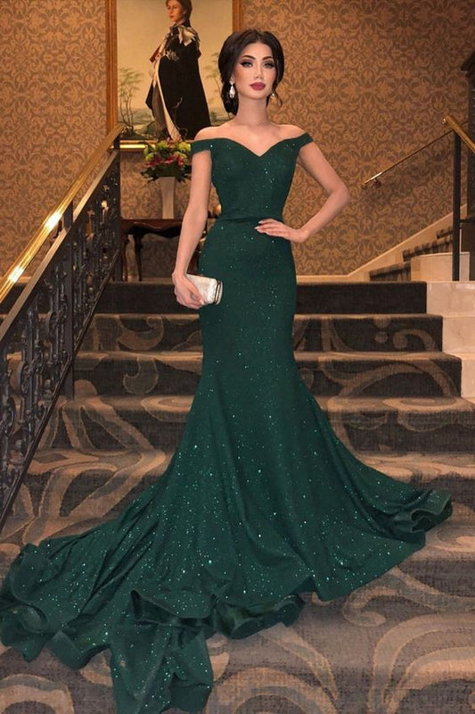 glitter off the shoulder green prom dress 2021    cg20241