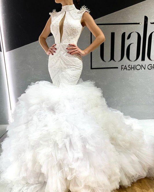 white evening dresses long high neck tiered beaded mermaid modest elegant evening gown Prom Dresses    cg20243