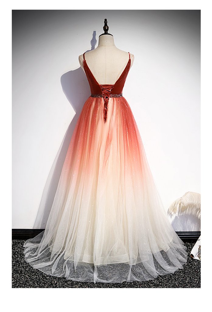 long prom dress Beautiful Red Velvet And Gradient Tulle Beaded Party Dress, Straps Long Formal Gown   cg20252