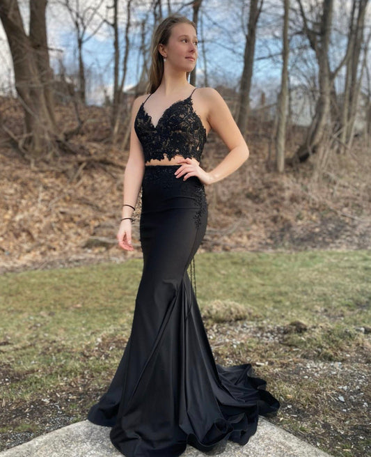 Black lace two pieces prom dress mermaid evening dress,    cg20263