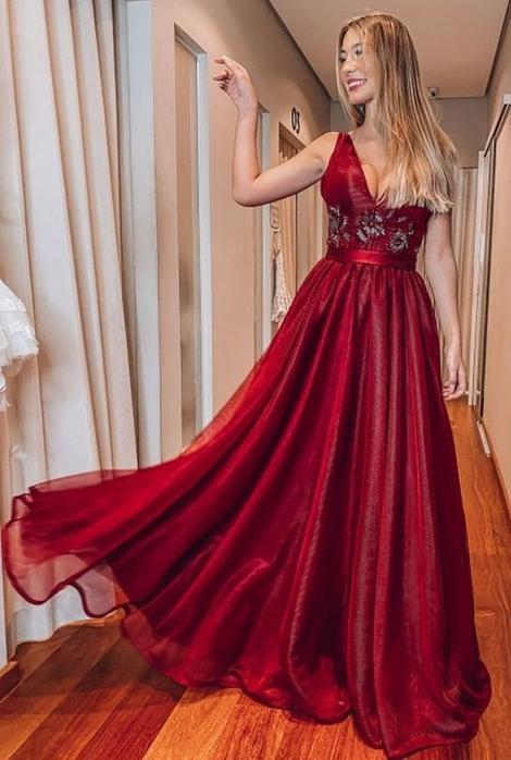 A-line V Neck Long Prom Dress With Appliques    cg20266