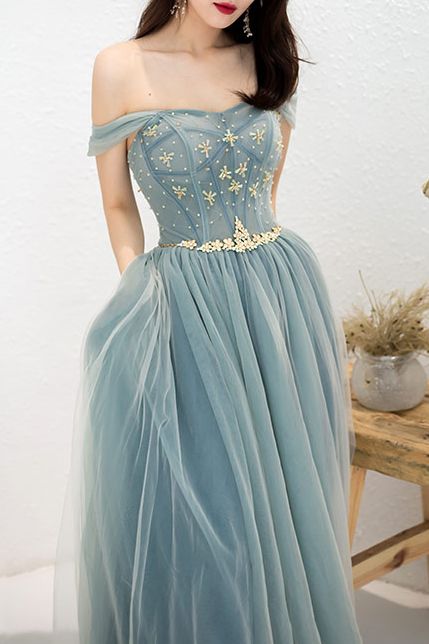 gorgeous off the shoulder blue long formal dress prom dress    cg20302