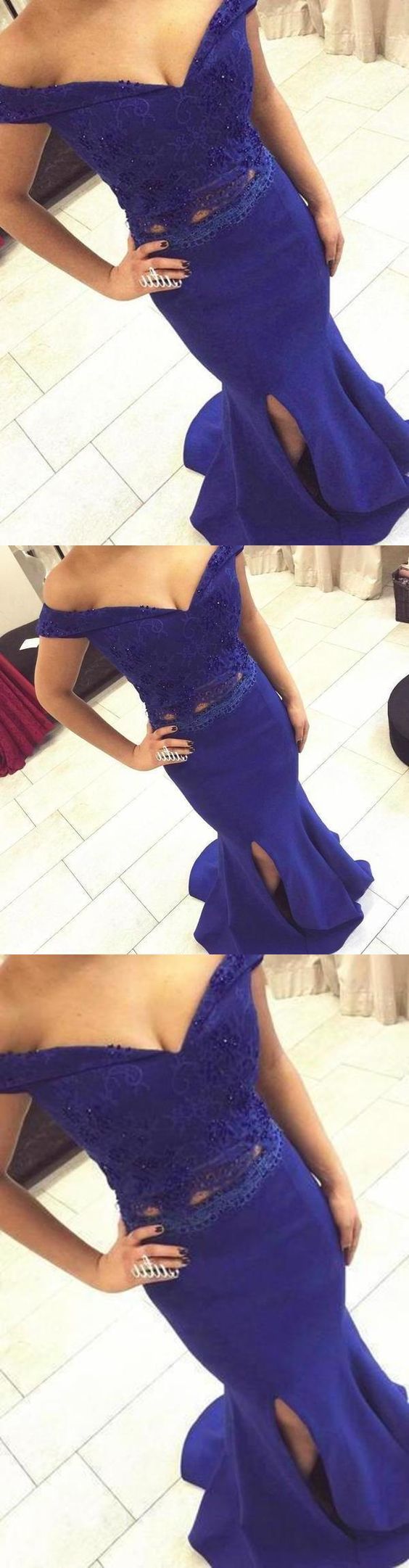 Two Piece Off The Shoulder Sweetheart Mermaid Side Split Long Royal Blue Prom Dresses   cg20322