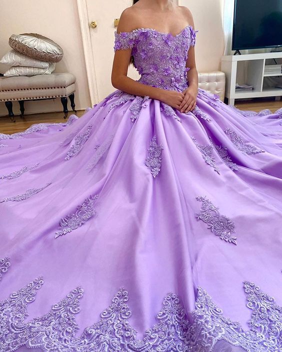 Off Shoulder Lace Appliques Lavender Quince Dress Ball Gown prom dress 2021    cg20328