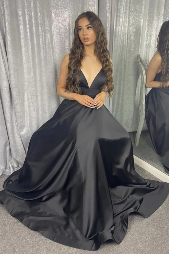 Black v neck satin long A line prom dress black evening dress    cg20331