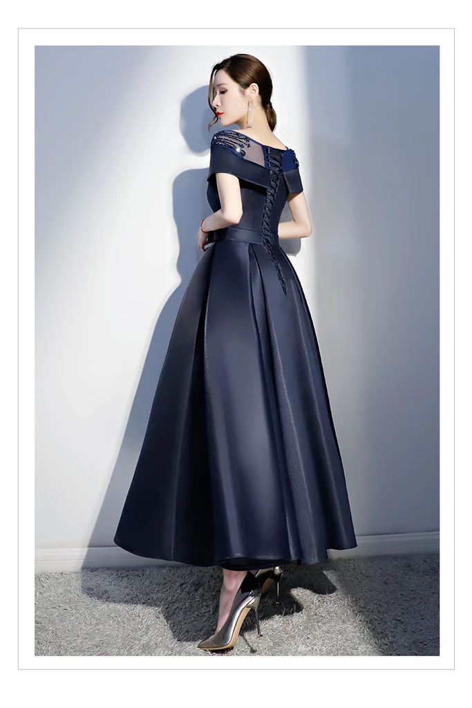 Navy Blue Satin Beaded New Style Long Party Dress, Blue Cap Sleeves Prom Dress   cg20333