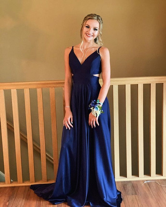 Elegant V Neck Navy Blue Long Prom Dress    cg20340