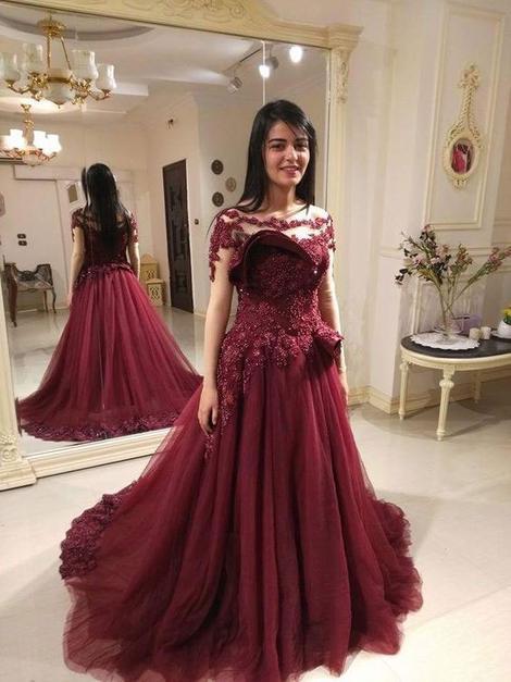 HIGH QUALITY BURGUNDY TULLE PROM DRESSES WITH APPLIQUES BEADED   cg20348