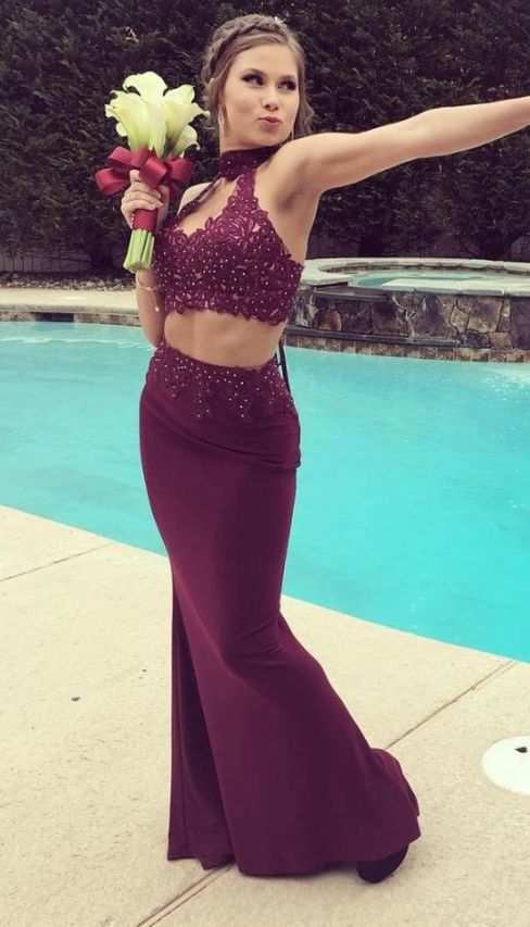 two piece burgundy Long Prom Dresses    cg20360