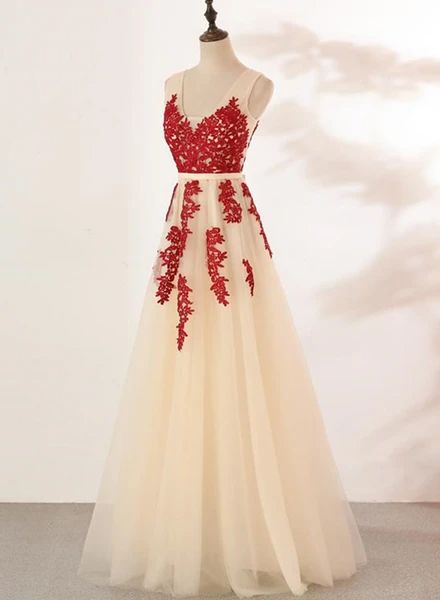 Ivory Tulle With Red Lace Applique V-Neckline Prom Dress    cg20363