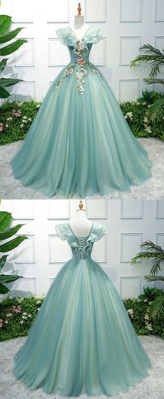 Green tulle lace long prom dress, green evening dress cg2037