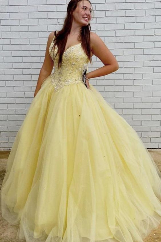 Gorgeous V Neck Beaded Yellow Long Prom Dresses, V Neck Yellow Formal Dresses   cg20374