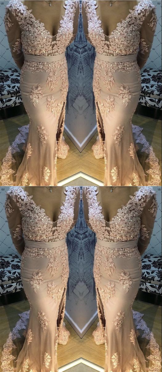 Mermaid V Neck Split Prom Lace Long Sleeves Dresses    cg20382