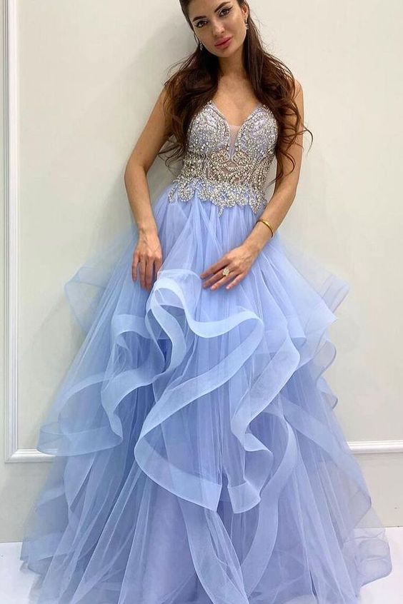 beaded A-line blue tiered long formal prom dress party dress    cg20386