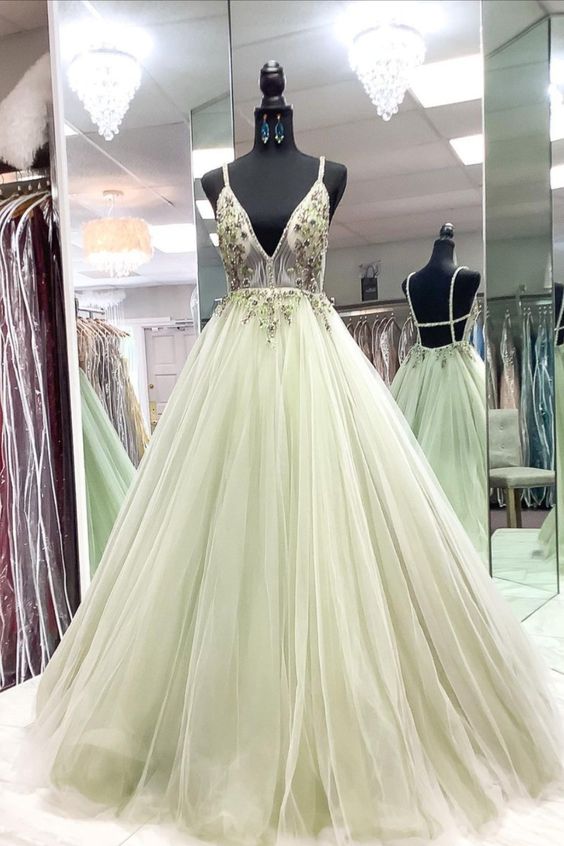 sexy plunge sage green tulle long formal dress party prom dress with open back    cg20387