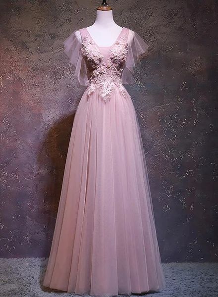 Pink Tulle V-Neckline Long Prom Dress, New Pink Wedding Party Dress    cg20405