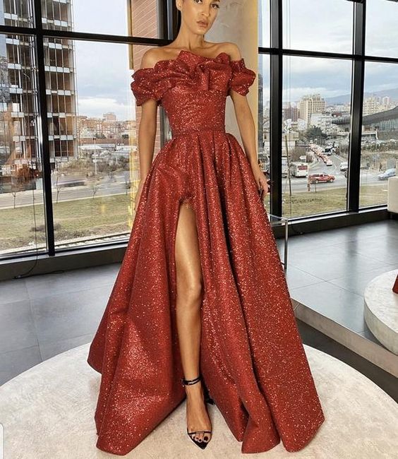 Long red off shoulder glittery dress with slit, women’s prom gowns    cg20413