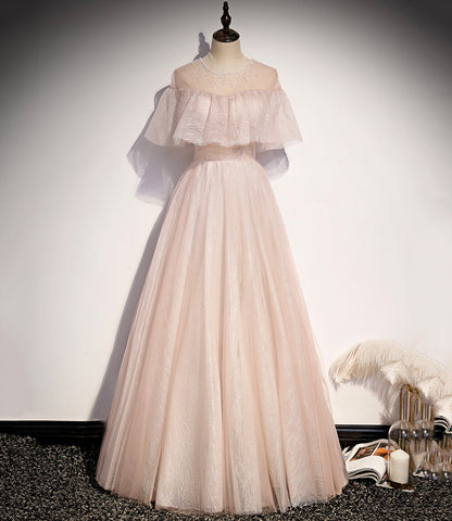 PINK TULLE LONG A LINE PROM DRESS PINK EVENING DRESS     cg20428