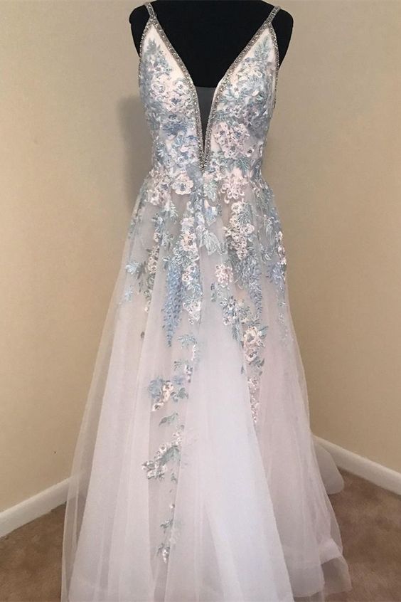 A-line white and blue floral embroidered long prom dress formal dress    cg20430