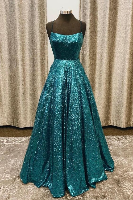 A-line turquoise sequined long prom dress with lace up back    cg20431