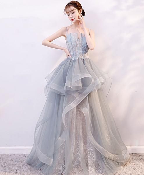 Gray tulle lace long prom dress, gray tulle lace evening dress cg2044
