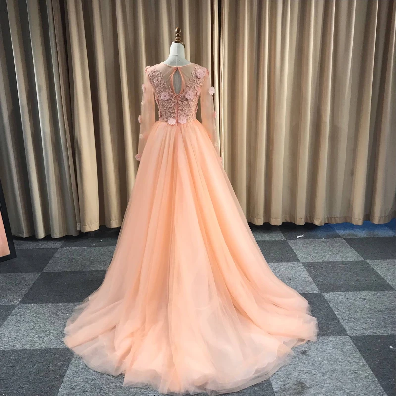 Light Orange Tulle Long Sleeves With Lace Party Dress, Long Prom Dress Formal Dress   cg20450