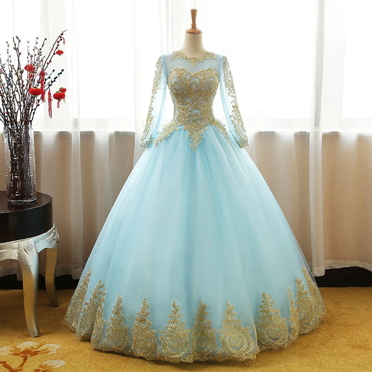 White Chiffon High Low ChicMint Blue Long Sleeves With Gold Lace Long Party Dress, Tulle Round Neckline Sweet 16 Dress Prom Dress    cg20452