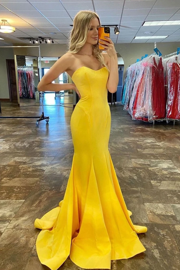 SIMPLE YELLOW SATIN LONG PROM DRESS YELLOW FORMAL DRESS    cg20456