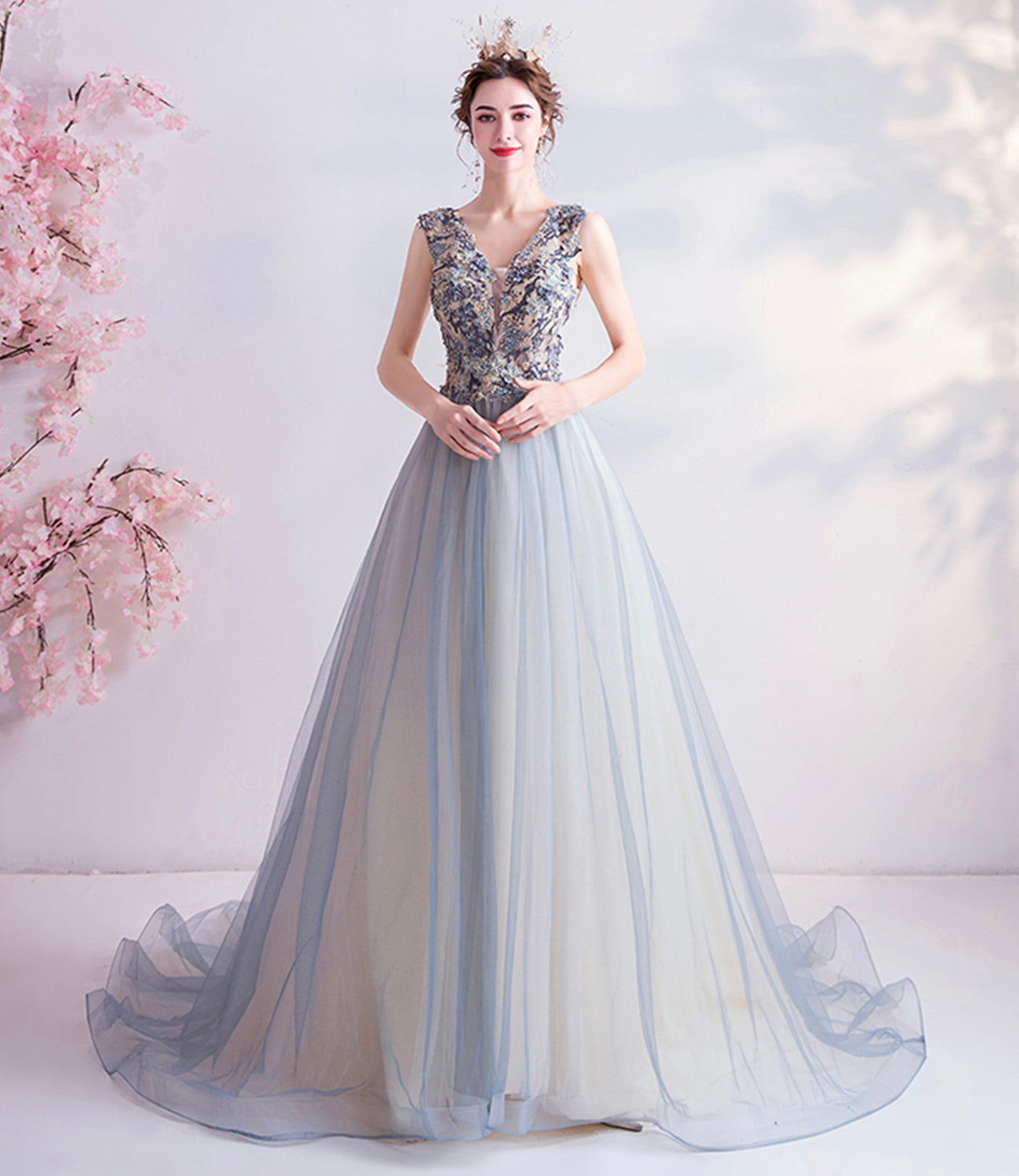 ELEGANT V NECK TULLE LONG A LINE PROM DRESS EVENING DRESS     cg20489