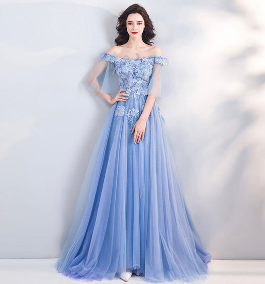 BLUE LACE LONG A LINE PROM DRESS BLUE EVENING DRESS    cg20490