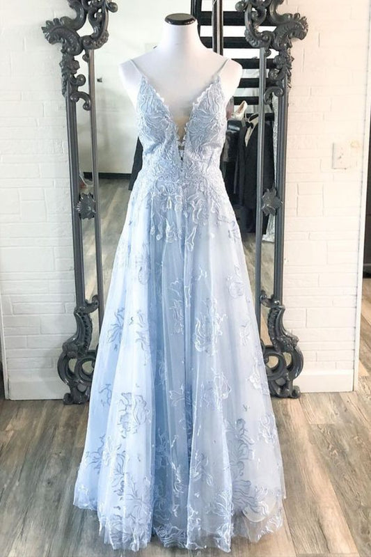 A-line light blue lace long prom dress 2021    cg20496