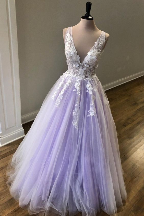 A-line lavender tulle and white lace appliques long formal dress prom dress with v neck    cg20502