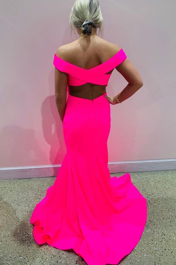 off the shoulder mermaid hot pink long party prom dress with cross back    cg20505