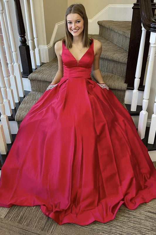 Red v neck satin long A line prom dress red evening dress    cg20508