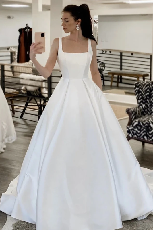 White satin long A line prom dress white evening dress    cg20520