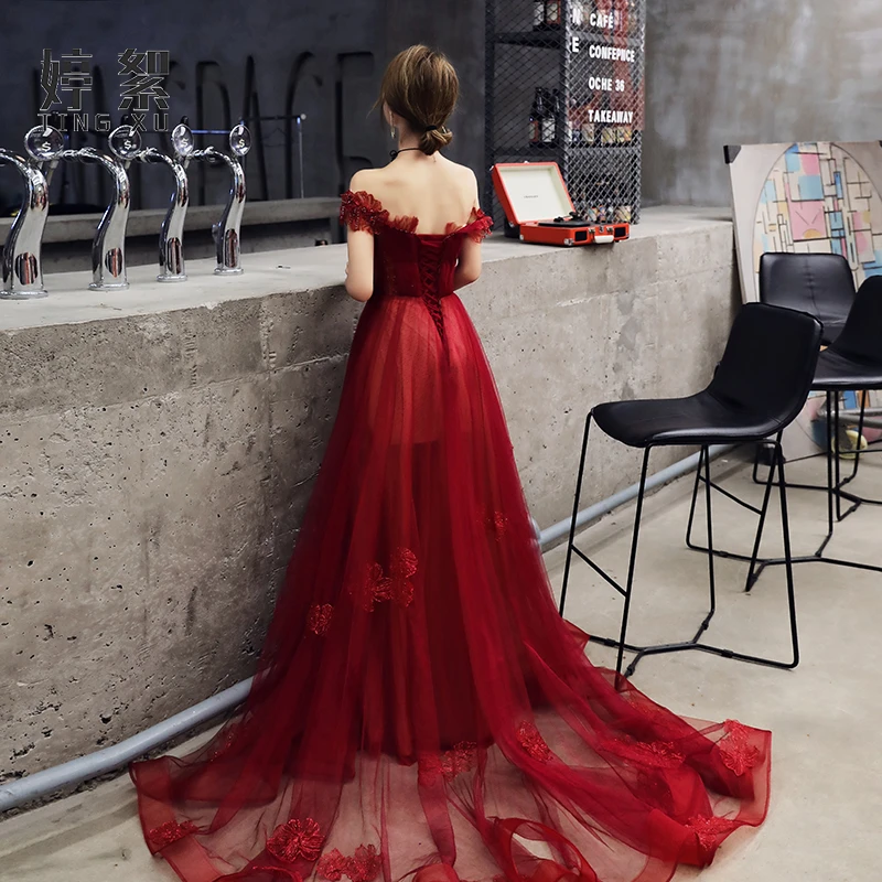 Wine Red Tulle With Beadings And Lace Off Shoulder Evening Gown, Wine Red Prom Dress   cg20524