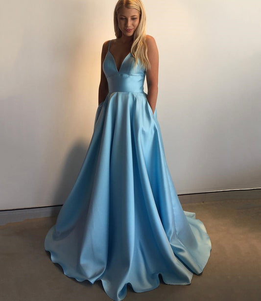 BLUE V NECK SATIN LONG A LINE PROM DRESS EVENING DRESS    cg20530