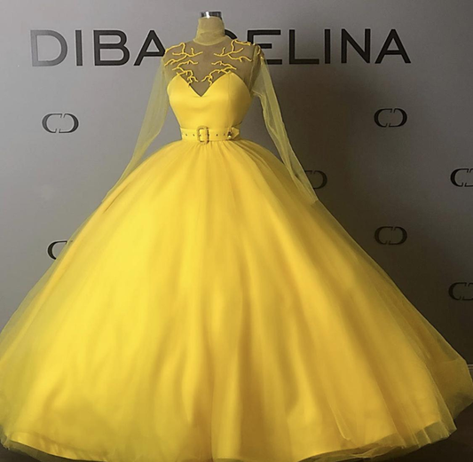 Yellow Ball Gown Prom Dresses Jewel Neck Tulle Pearls Belt Long Sleeve Evening Gowns Floor Length Sweet 16 Dress  cg20541