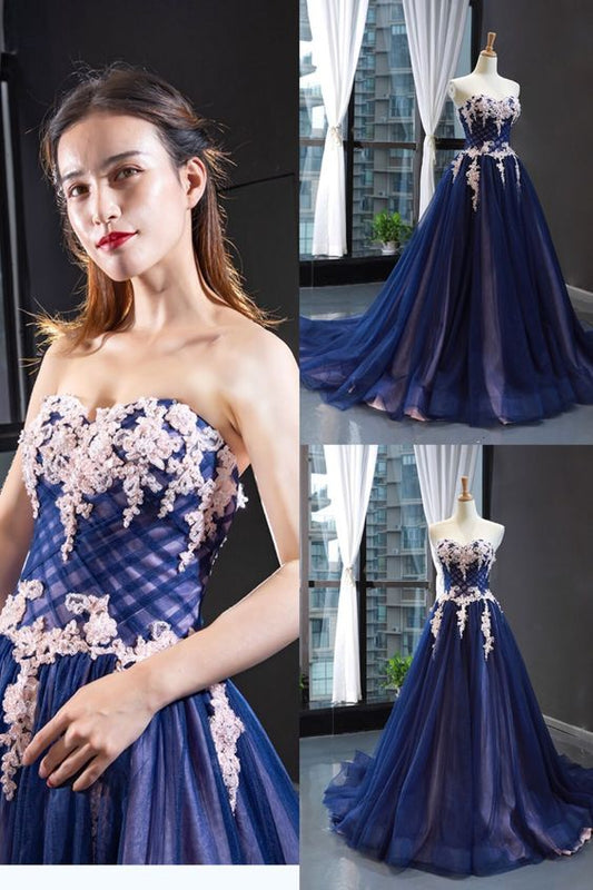 Long Prom Dress navy blue lace appliques formal dress    cg20556