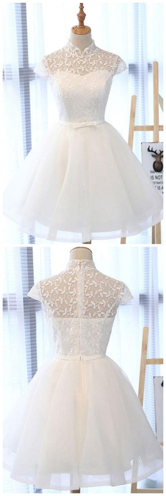 white lace short  dress, white homecoming dress cg2056