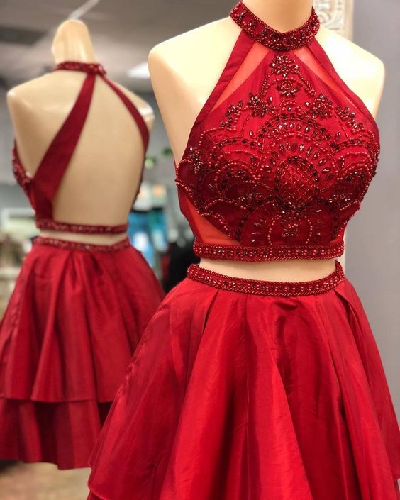Two Piece Short Red Homecoming Dress with Backless cg2058