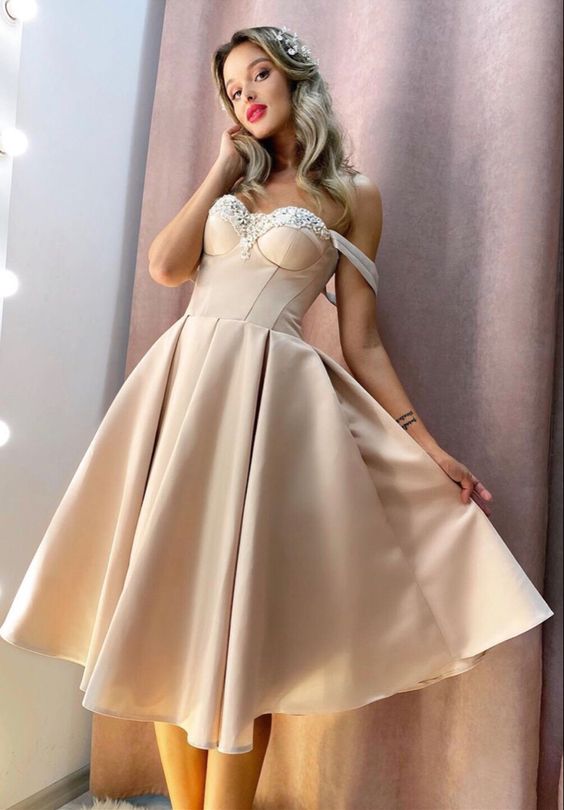 Vintage Tea Length Bridesmaid Dresses Sweetheart Corset Prom Dress     cg20602