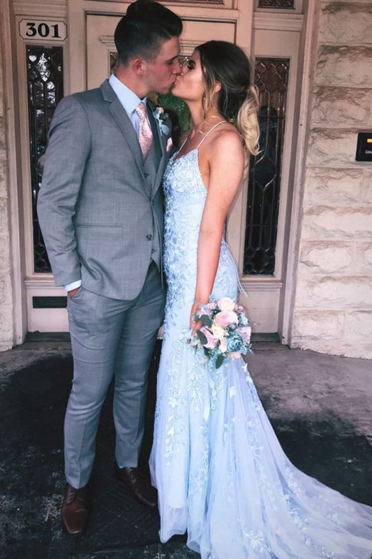 mermaid light blue lace long prom dress with lace up back    cg20614