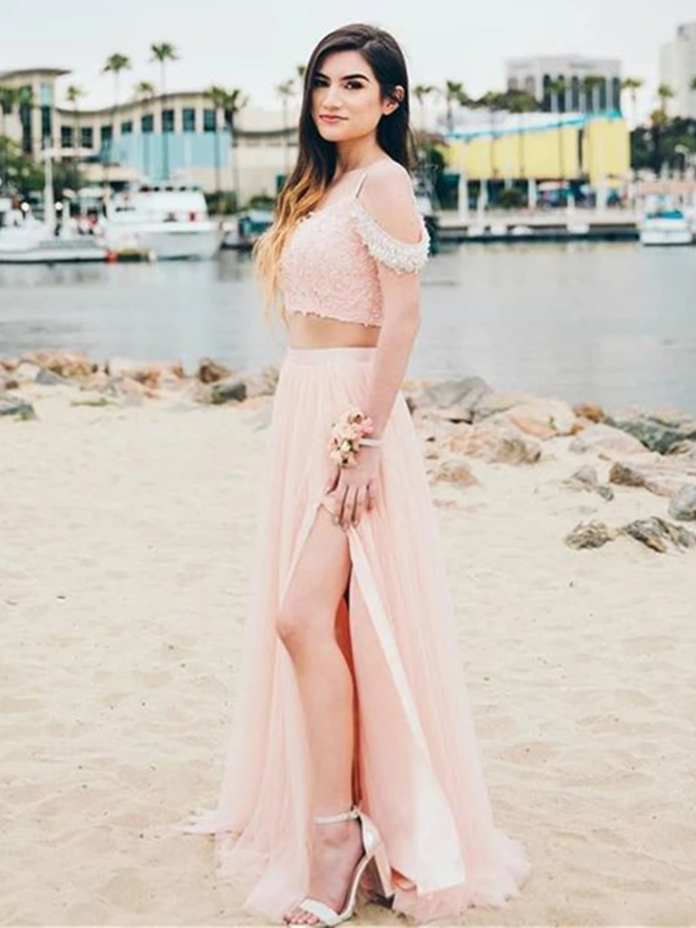 Off the Shoulder Two Pieces Pink Lace Long Prom Dresses    cg20620