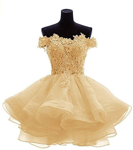 Elegant Yellow Appliques Tulle  Dress, Ruffles Off Shoulder Short Homecoming Dress cg2063