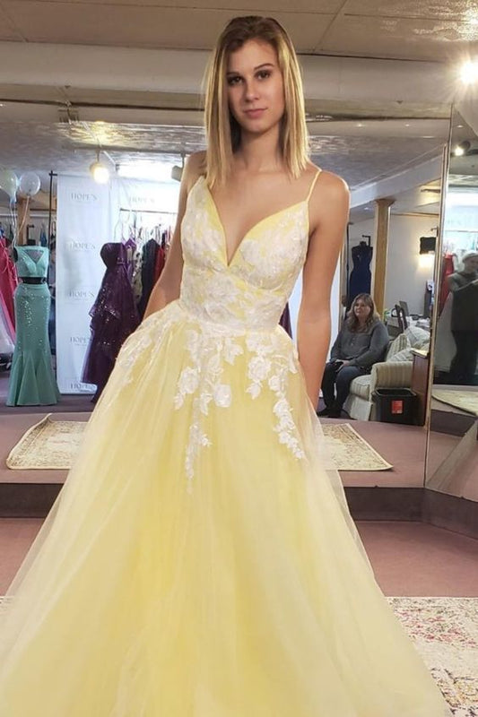 A-line yellow and white lace long prom dress with straps    cg20647