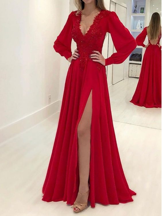 2021 A-Line Long Sleeves V-neck Long Applique Chiffon Red Prom Dresses   cg20652
