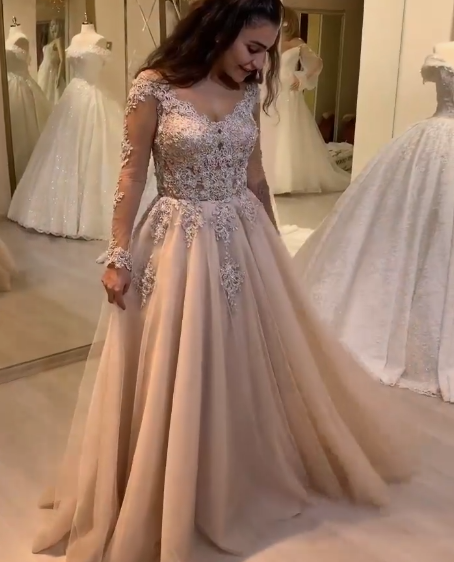 2021 A-Line Long Sleeves V-neck Long Applique Prom Dresses   cg20653